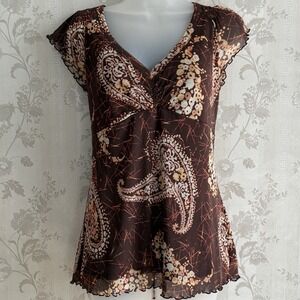 Vtg Y2K Babydoll Top Sz S Whimsigoth Forest Fairy Mesh Brown 90s Goblin Paisley